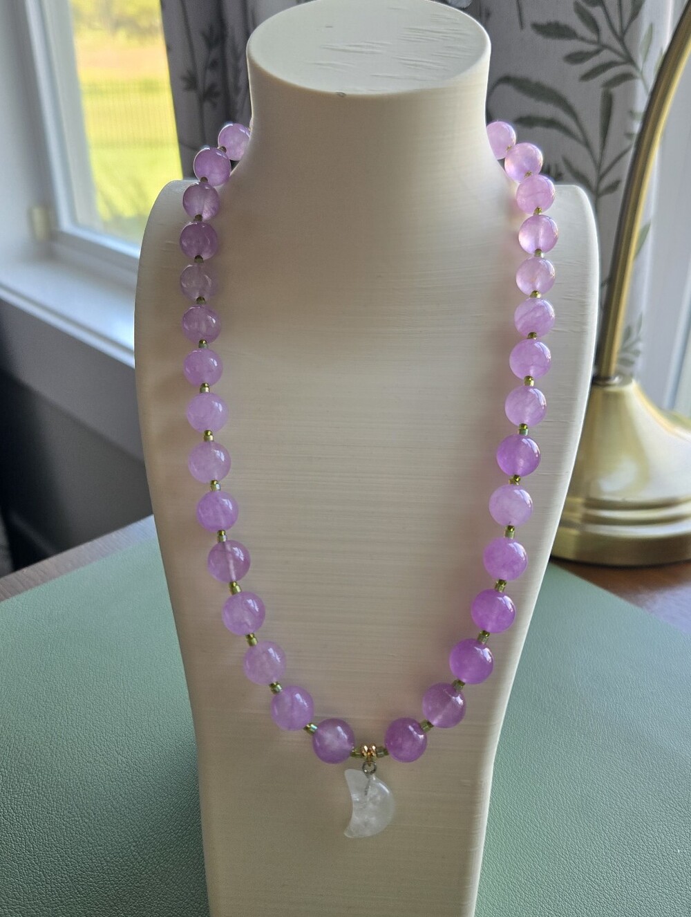 Lavender Jade Beaded Necklace with Quartz Moon Pendant